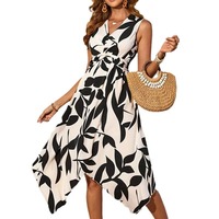 Robe longue vintage sans manches à imprimé feuilles, avec nœud torsadé, design asymétrique, taille haute, col en V, pour femme, printemps/été