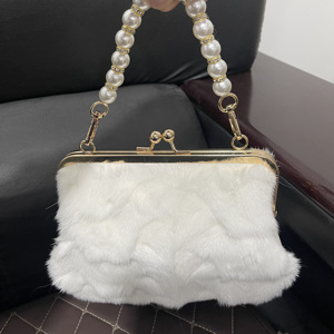 Elegante <span class=keywords><strong>Borsa</strong></span> Clutch in Vera Pelliccia di Volpe <span class=keywords><strong>con</strong></span> Manico in Perle, Lussuosa Pochette da Sera - Product Image 3
