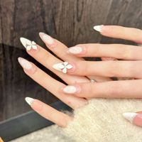 Ongles courts en amande faits à la main, couleur abricot nude, fleurs sculptées en 3D, perles, ongles de mariage style Soft Girl, vente en gros