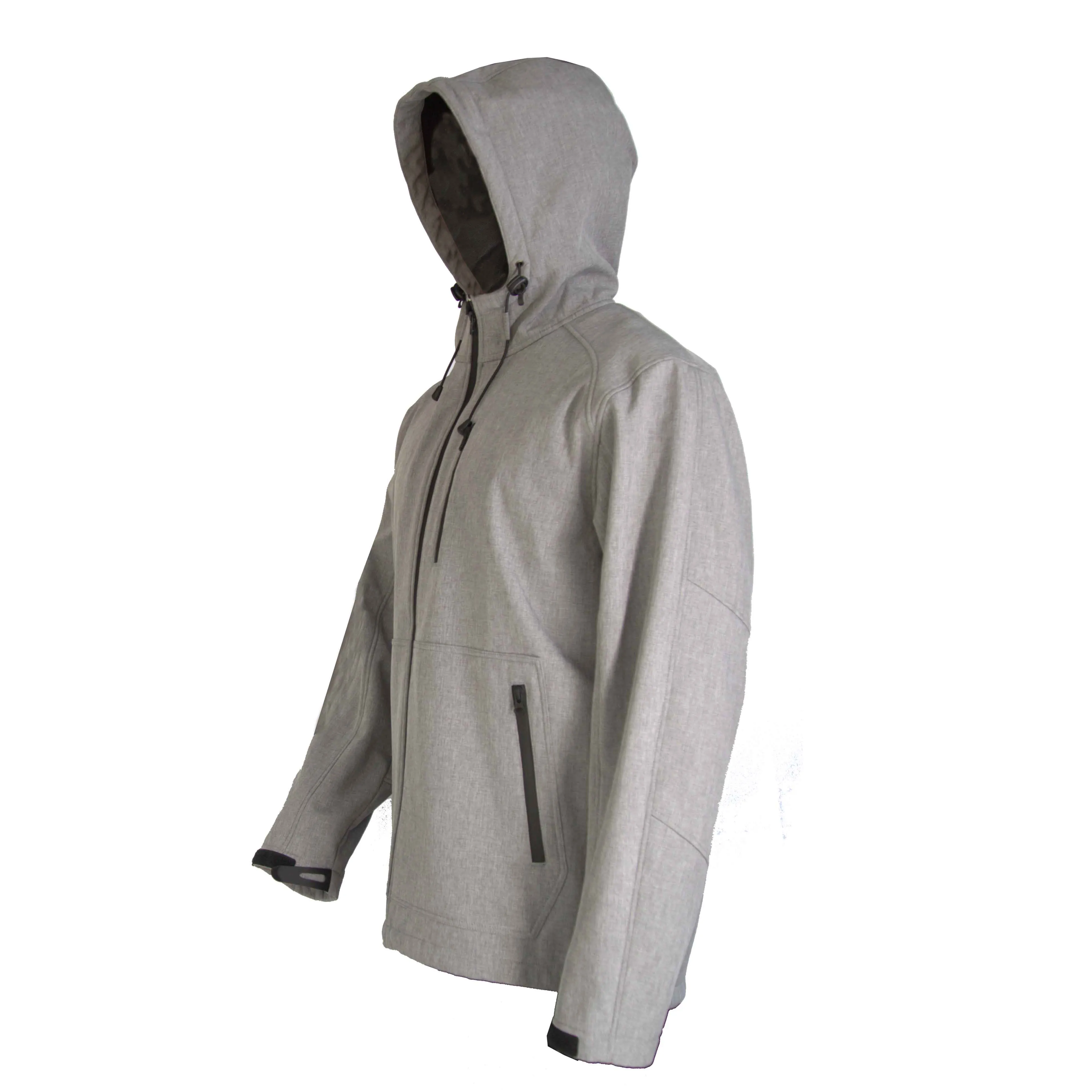 OEM custom men's softshell polyester fleece grey light weight track jacket with hood waterproof windbreaker