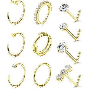 Lot de 10 Piercings de Nez en Acier Inoxydable avec Strass et Zircon, Bijoux de Piercing Dorés en Forme de L Géométrique, Idéal Cadeau - Product Image 1