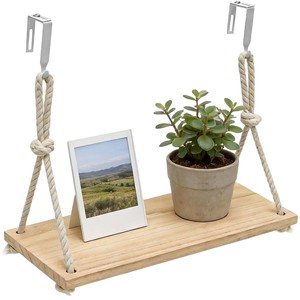 Wooden no-drill <b>floating</b> <b>shelf</b> for bedroom and living room, solid wood hemp rope, straight <b>shelf</b>, <b>wall</b> hanging rack - Product Image 2