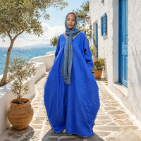 Abaya Bordir Manik-Manik Geometris Linen Tenun Mewah Kerah V Panjang Longgar Wanita Muslim Timur Tengah