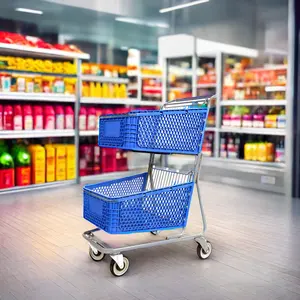 Quali 2-Tier Double Plastic Baskets Supermarket Shopping Cart Trolley For Convenient Grocery Shopping
