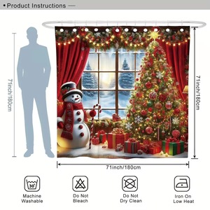 Cortina de Ducha de Poliéster con Diseño de Árbol de Navidad Rojo y Muñeco de Nieve, Impresión Digital Personalizada, Impermeable, Venta al Por Mayor, Moderna - Product Image 3