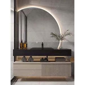 Meuble sous-vasque de luxe en bois massif avec tiroir de salle de bain et miroir demi-lune pour salle de bain d'hôtel