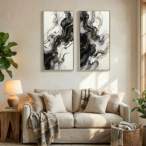Grandes œuvres d'art murales abstraites encadrées en noir et blanc, lot de 2 impressions sur toile, tableaux pour murs, image moderne noir et or - Product Image 1