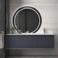Meuble-lavabo flottant de luxe gris foncé cannelé avec lavabo, miroir LED rond et armoire murale pour projets hôteliers et d'appartements