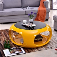 Table basse ronde moderne et écologique avec plateau en verre trempé et base en fibre de verre blanche pour salon, facile à nettoyer