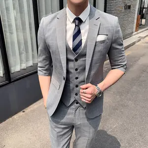 Black Grey Vest Pant Three Pieces Blazers Checker Men'S Suits For Men Korean Suit Shorts