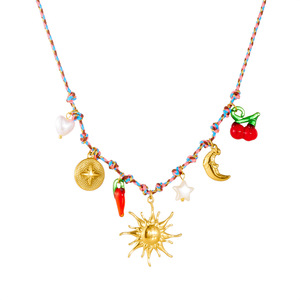 Fashion Beaded Necklace Gold Plated Sun Moon Star Chili Pepper Pendant Woven Cord Multi Element Design - Product Image 5