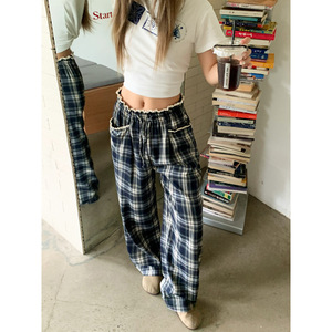 Pantalones Casuales de Verano para Mujer, Gris Azul a Cuadros, Costura Retro, Versátiles, Ajustados, Sueltos, de Pierna Recta, Cintura Alta, Chenilla, Spandex - Product Image 3