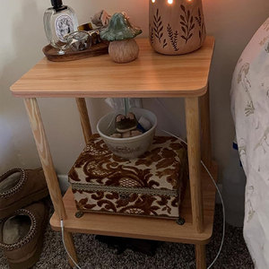 Mesa auxiliar de 2 niveles a granel, pequeña con estante de almacenamiento mesita de noche, patas de madera maciza para espacios pequeños, dormitorio, sala de estar - Product Image 5