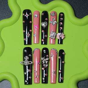 Uñas postizas de lujo acrílicas hechas a mano con diseño de estrellas y mariposas, puntas francesas, cobertura completa, estilo ataúd largo, venta al por mayor - Product Image 3