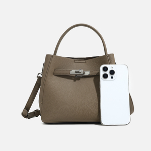 Women's Genuine Leather Tote Bag With Lock Closure Removable Strap Classic Style Daily Use <b>Handbag</b> Beige Color - Product Image 6
