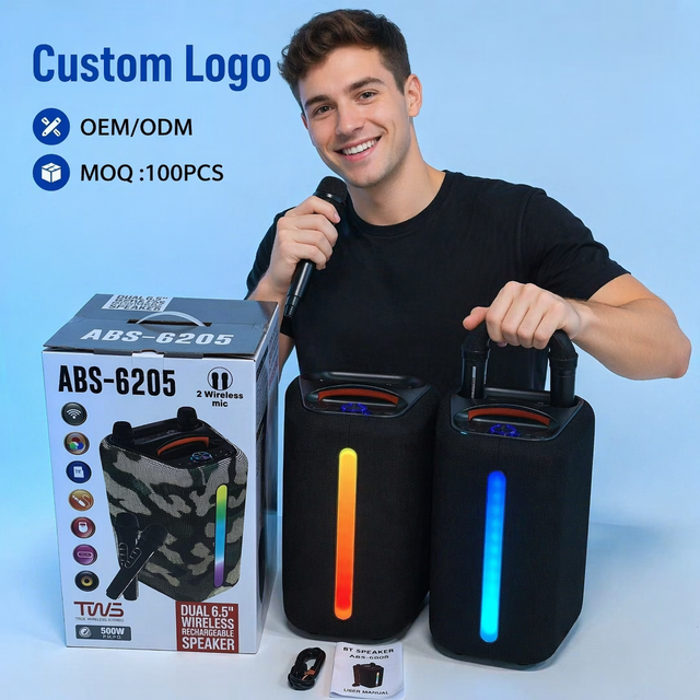 OEM Custom ABS-6205 Portable Outdoor IPX-5 Waterproof Speaker 6.5inch 50-100W Wireless 2 Microphone BT 5.3 Karaoke Home Theatre