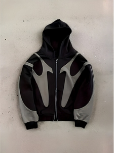 Sweat-shirt à capuche zippé pour homme, noir et blanc, en polyester, brodé, respirant, avec empiècements contrastants, style streetwear décontracté - Product Image 3