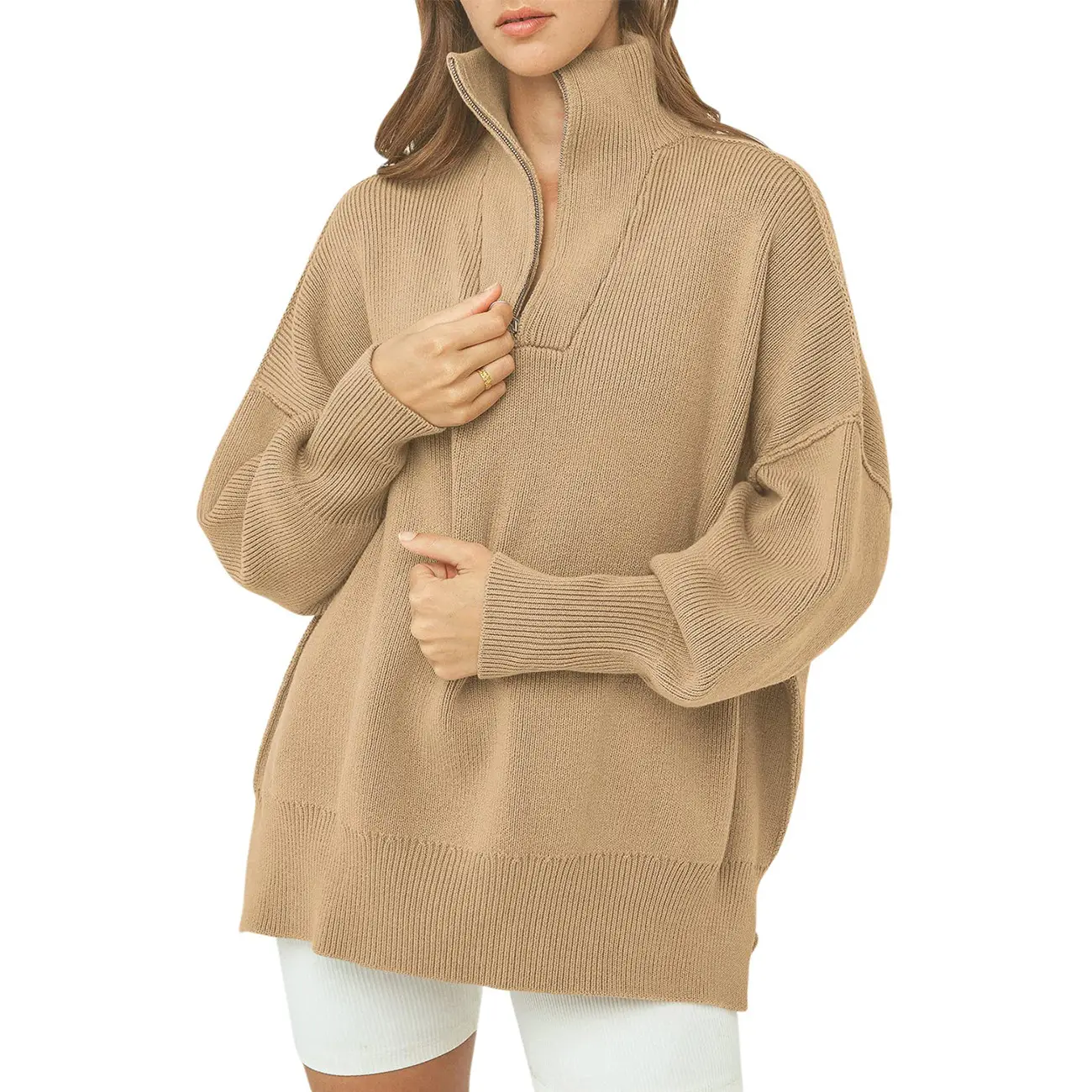 Autumn and winter women's long sleeve 1/4 zipper pullover split solid color sweater long sleeve sweater core spun yarn pullover