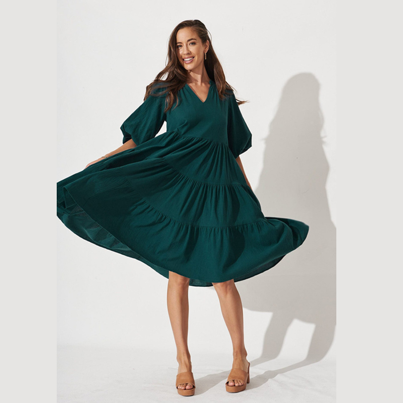 Women Elegant Dress Tiered Emerald Green Midi Dress Solid Color Casual  Dress Women