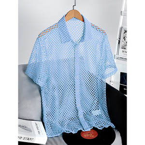 Camisa de <span class=keywords><strong>Hombre</strong></span> Moderna con Cuello y Diseño Calado, Manga Corta, Color Sólido, Transpirable, 100% Poliéster, Venta Directa de Fábrica - Product Image 2