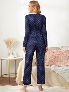 Vêtements de maternité, pyjama d'allaitement à manches longues, pyjama de maternité en coton à pois avec bordure en dentelle et col superposé - Product Image 2