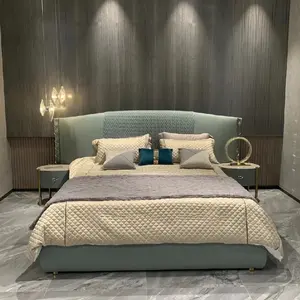 Frame Luxury Modern Design Metal Headboard Modern Grey Soft Top Grain Leather Embroidery Bed Bedroom Furniture Leather Bed