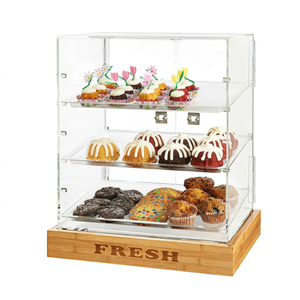 Vitrine à pâtisserie étanche en acrylique poli à 2 portes Vino Vn20220318-3, 3 plateaux givrés, 21 1/2" x 17" x 25", base en bambou - Product Image 1