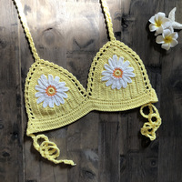 Soutien-gorge tressé à la main unique tricoté fleur marguerite Crochet tricot vacances Sexy été haut de bikini maillot de bain maillots de bain