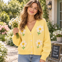 Cardigan en tricot pour femme personnalisé, motif floral marguerite, col en V, boutonné, manches longues, coupe ample, OEM ODM, MOQ flexible