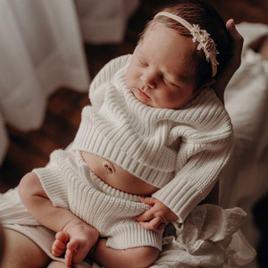 Custom Winter Newborn Baby <strong>Chunky</strong> Knitted Organic Cotton Knit Sweater Suit Speckled Baby Kids Girl Baby Bloomer Sweater Set - Product Image 2