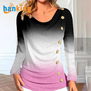 Hauts asymétriques à manches longues pour femmes col rond bouton décor froncé décontracté mélange de coton écologique imprimé par transfert de chaleur - Product Image 2