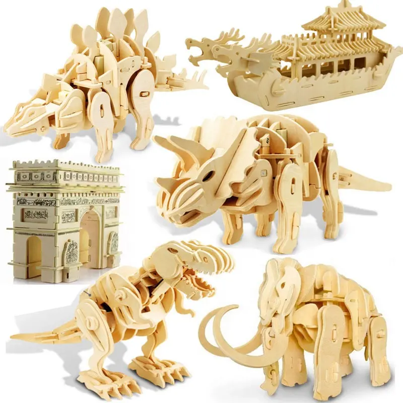 Wooden Electric Animal Model 3D Dinosaur Puzzle STEM Kit Children's Educational Toy Wooden Dinosaur