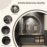 Meuble-lavabo mural en bois massif pour salle de bain d'hôtel ou villa, style moderne et luxueux, avec vasque simple, miroir intelligent et rangement