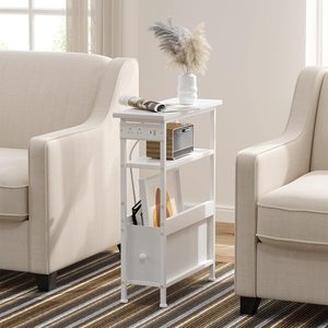 Bedroom Living Room White Narrow Side <strong>Table</strong> Charging Station Fabric Drawer <strong>Skinny</strong> Nightstand Slim <strong>Bedside</strong> <strong>Table</strong> - Product Image 2