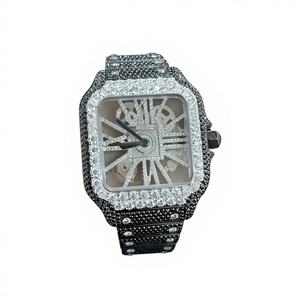 Luxury Square Glass WristWatch <b>Black</b> Moissanite Stainless Steel Handmade Hip Hop <b>Watch</b> for Rapper 10 Bar Water Resistant - Product Image 1