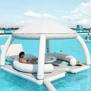 Custom outdoor blow up water island inflatable dock with roof water lounger for sale