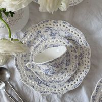 Service de vaisselle en céramique élégant avec bordure en dentelle gaufrée, assiettes et plats creux à motif végétal bleu pour la maison