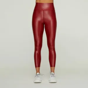 Leggings de ginástica com cintura alta, 7/8 comprimento, couro metálico, compressão apertada, para treino, yoga