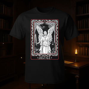 T-shirt Justice Tarot Card noir unisexe pour adulte, grande taille, col rond, manches courtes, impression sérigraphique - Product Image 3