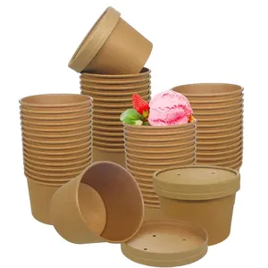 Wholesale Eco Friendly Take Away Kraft Paper Ice Cream Cups with Paper Lids Disposable Kraft Paper Hot Soup Cup Customised