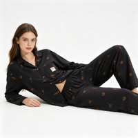 Ensemble de pyjama d'été pour femme en coton tricoté, imprimé chat noir, écoresponsable, manches longues, avec boutons, deux pièces