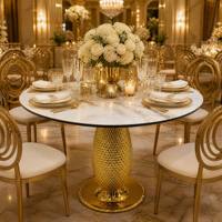 Table de banquet ronde en marbre avec base en métal doré et plateau en marbre blanc, table de mariage, base sur pied pour salle de banquet d'hôtel, vente en gros