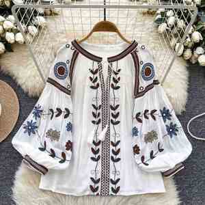 Autumn Vintage Full Sleeve O-Neck Casual Blouses Women Wide Sleeve Front Embroidery Loose Fit Eco-Friendly Breathable <b>Shirts</b> - Product Image 1