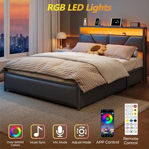 <span class=keywords><strong>Letto</strong></span> matrimoniale postmoderno in <span class=keywords><strong>ferro</strong></span> resistente con <span class=keywords><strong>testiera</strong></span> a 2 livelli e 6 cassetti in tessuto, piattaforma imbottita in ecopelle PU - Product Image 4