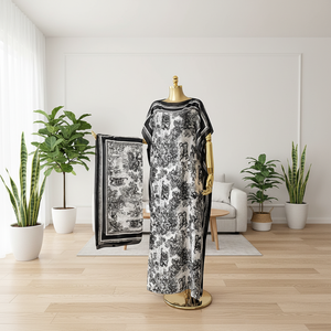 Robe Kaftan + Foulard Imprimé Floral Bohème en Satin Léger, Cache-maillot de Plage Ample pour Femme, Robe de Vacances Motifs Animaux de la Jungle - Product Image 1