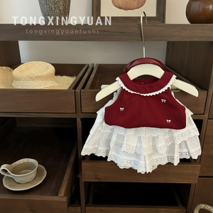 Ballet Aesthetics Red Embroidered Vest Hollow Cake Skirt Set For Baby Girls Cotton Thin Solid Color Performance Wear - Product Image 5