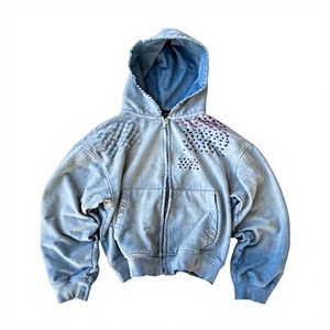 Sudadera con capucha negra para hombre con cremallera, estampado de llamas, logo de diamantes de imitación, estilo streetwear Y2K, corte oversize, ropa de invierno de forro polar - Product Image 1