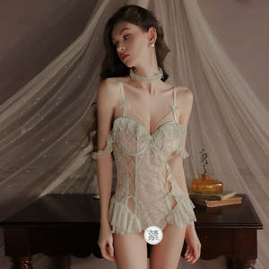 Ensemble de lingerie sexy pour femmes, jupe de ballet à entrejambe ouvert, pyjama, soutien-gorge, ensemble transparent en maille à pois, broderie, dentelle, patchwork, XXL, dropshipping - Product Image 3