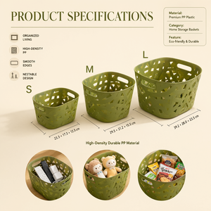 Cestini in Plastica per Organizzazione, Set di 3 Contenitori Ovali Verde Oliva in PP, Traspiranti con Motivo Traforato - Product Image 2