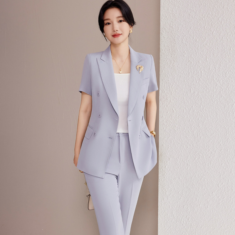Purple suit trousers brooch